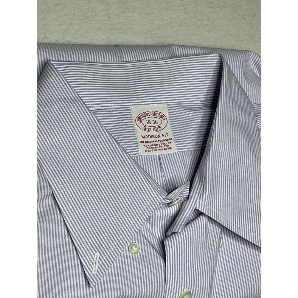 Brooks Brothers Madison Fit Dress Shirt 18 36 Purple Stripe Supima Non-Iron Mens
